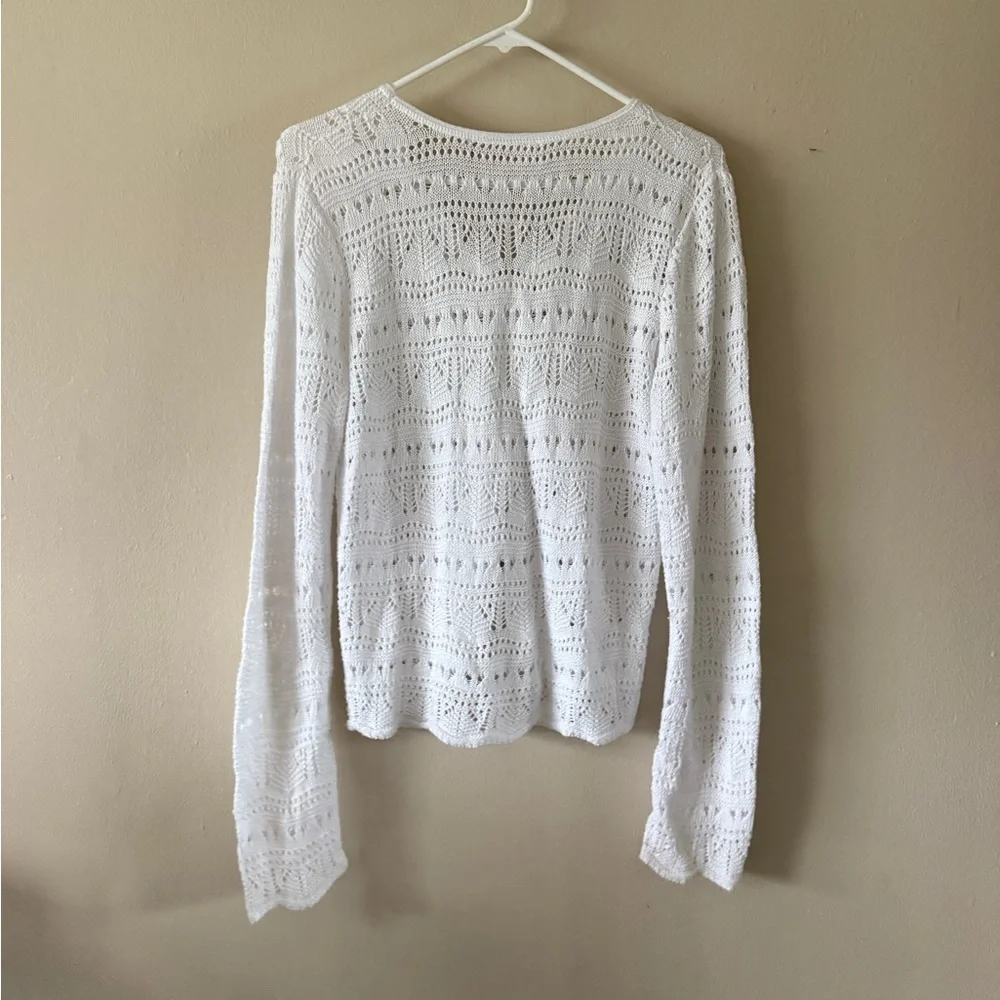 Willow + Root White Pointelle Knit Cinch Front Sweater Boho Chic size M - Picture 2 of 5